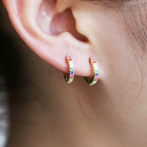 2018 Delicate tiny fashion Jewelry 925 Sterling Silver Earring colorful CZ Rainbow circle hoop mini small Earring For girl women