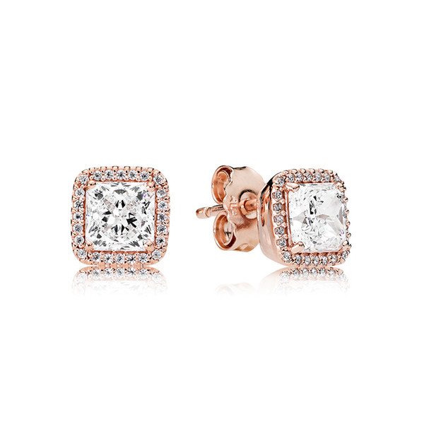 Authentic Square CZ diamond 18K Rose gold Earrings Original box for Pandora Eternal elegance 925 Sterling Silver Stud Earring