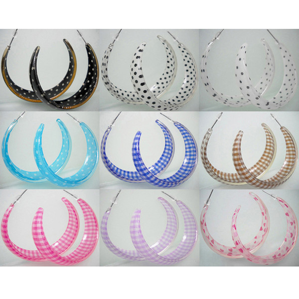 Acrylic Hoop Earrings Mix 9 Styles Dot Plaid Heart Wholesale Lots Women Girl Eardrop ( Black White Brown Blue Rose Red Purple Pink )(JE011)