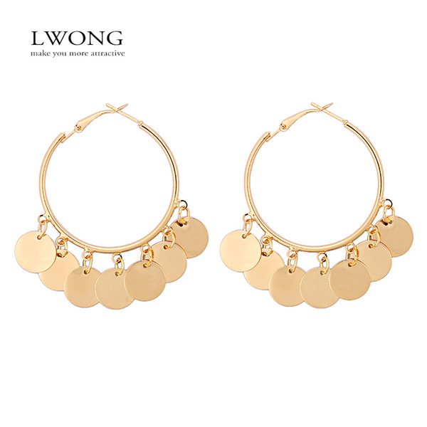 LWONG New Fashion Gold Color Hoop Earrings With Hanging Coins Multi Disc Earrings Gypsy Bohemian Circle for Women Gifts