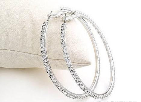 Silvertone Big Circle lady's Basketball Wives Hoop Earrings With Crystal Rhinestone Dangle Earring