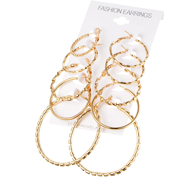 5 Pair/set Oblate Design Creole Hoop Earrings Vintage Gold Color Big Circle Earrings Women Exaggerated Ear Clip Jewelry Accessories Gift