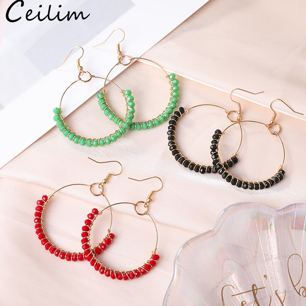 Hoop Earrings With Colorful Glass Bead Circle Earring Simple Big Circle Gold Color Ear For Women South Korea Style Jewelry