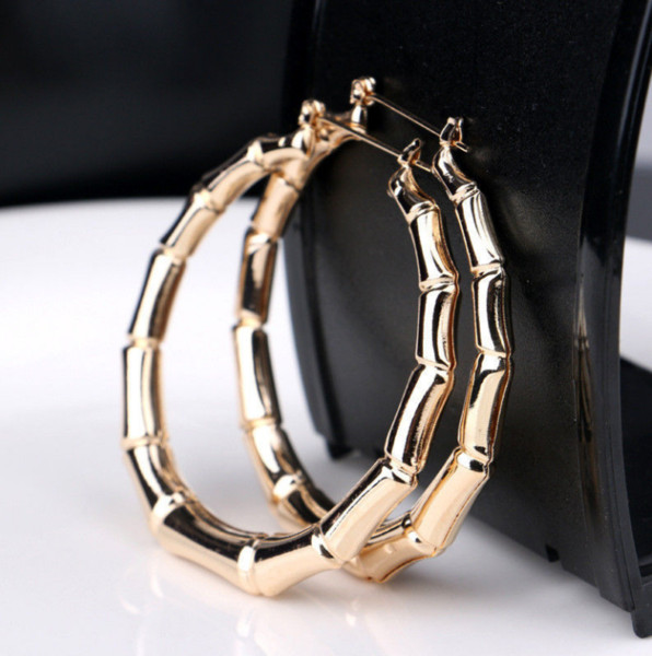 Vintage Women Punk Gold Large Bamboo Big Hoop Large Round Circle Bling Earrings Jewelry Gift