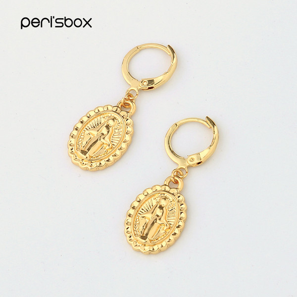 Peri'sbox Gold Color Small Virgin Mary Hoop Earrings for Women Minimalist Ear Piercing Huggie Earrings Oval Coin Disc