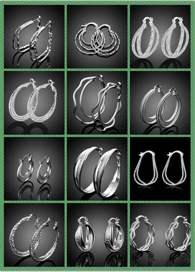 mix 12 style 12pairs/lot high-quality plating 925 sterling silver Double circle Ear hoop earrings fashion gifts hyperbole big Ear ring