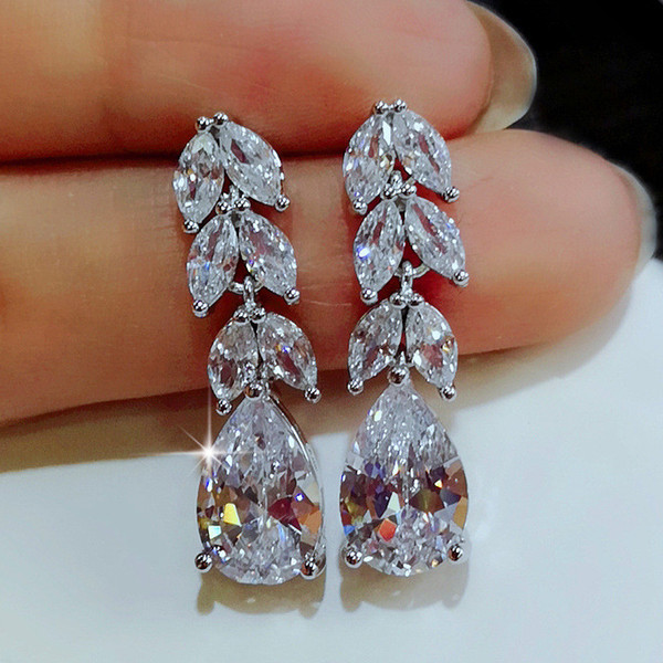 Fashion Female Crystal Leaf Drop Earrings 925 Sterling Silver White Diamond Earrings Boho Wedding Jewelry Long Dangle Earrings