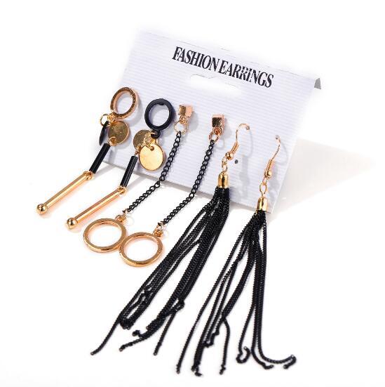 Hot selling knot earrings set irregular 4pairs/set earrings set black chain tassel exaggerated super long NightClub earring