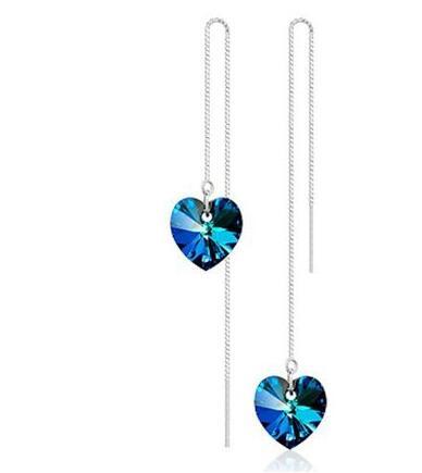 Top Quality classic 925 Sterling Silver heart of ocean drop earrings blue Austrian crystal Zircon Long Dangle line earing jewelry for women