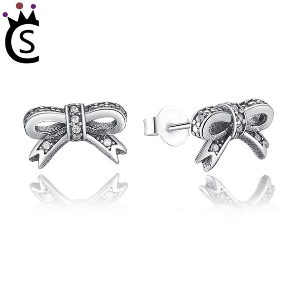 Authentic 925 sterling silver zircon Beautiful earrings Butterfly knot silvery Fashion earrings Young girls Luxury earrings