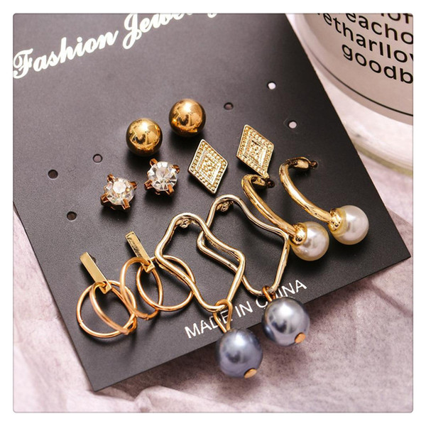 Hot Sell Earrings New Arrival 6 Pairs One Set Fashion Geometric Irregular Metal Pearl Pendant Earring