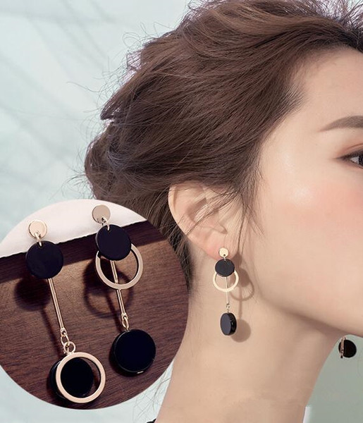 Korean fashion temperament elegant long oblique bevel geometry asymmetric rhinestone round earrings new acrylic black earrings women's gift