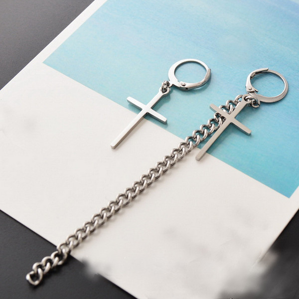 316L Stainless Steel Asymmetrical Cross Chain Earrings, Long Short Tassel Earring Dangle Knot Ear Clip For Boy/ Girl