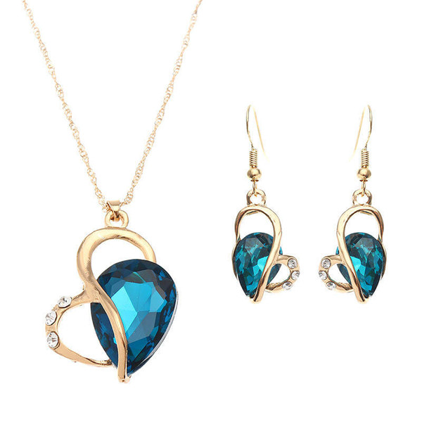 Heart Jewelry Set Water Drop Rhinestone Crystal Earrings Necklace Set Gift for Women - Blue