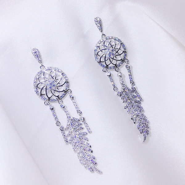 Hot Salses 925 Silver Needle Earrings with Staple and Fringed Earrings with Diamond and Brilliant Dream Catching Net in Japan and Korea