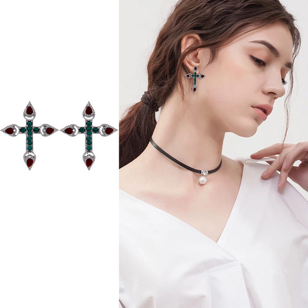 New European and American earrings with diamond-inlaid cross earrings, women's 100-fold trinket earrings, and earrings, long-length