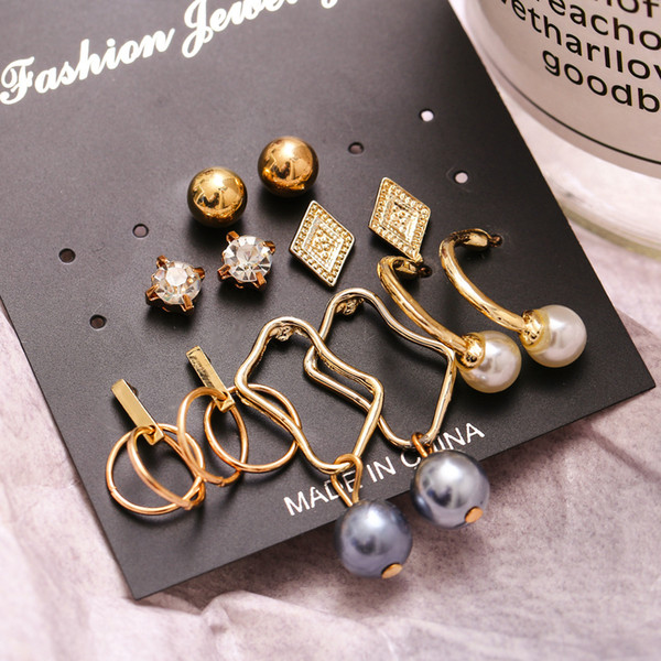 Hot sell New arrival 6 pairs One set Fashion Geometric Irregular Metal Pearl Pendant Earrings As Gift