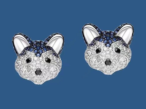 925 sterling silver blue rhinestone siberian husky puppy earrings + box