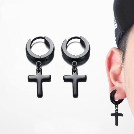 Punk Men Ear Stud Circle Round Cross Huggie Earrings for Men Small Crucifix Cuff Earings Stainless Steel Hip Hop Male Jewelry