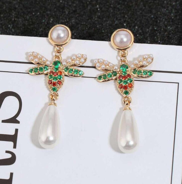 Luxury Designer Bee Stud Earrings for Women Brand Vintage Pearl Red Green Crystal Copper Bee Style Earring Jewelry Gift