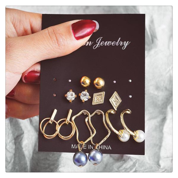 2019 New Desigh Earrings 6 Pairs One Set Fashion Geometric Irregular Metal Pearl Pendant Earrings As Gift