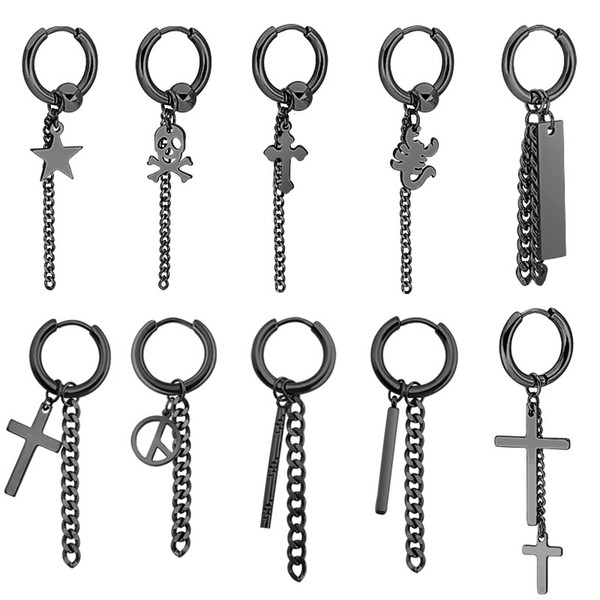 Punk Men Earrings Cross Pendant Round Hoops Earrings Star Skull Pattern Chain Tassel Earrings Stainless Steel Anti-allergic Dangles For Men