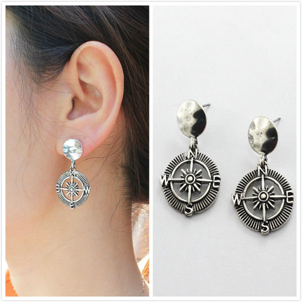 Ancient silver round compass pendant earrings Cross anchor earrings fashion European and American personality accessories earrings