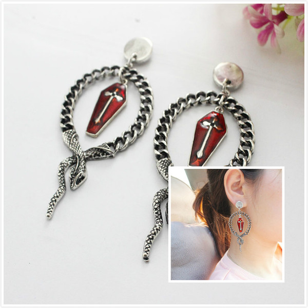 European and American jewelry Gothic punk Old baked silver exaggerated cross drip snake earrings earrings for men and women