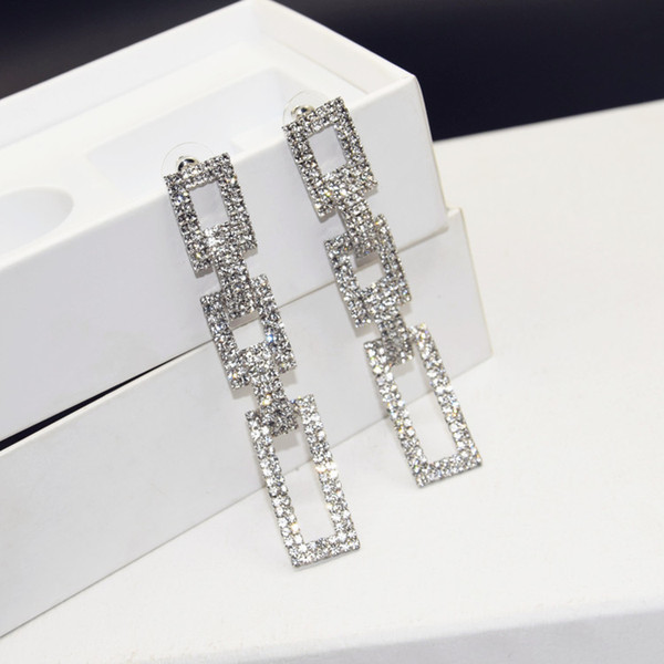 New European and American popular Earrings exaggerate luxury long diamond-filled rectangular earrings earrings