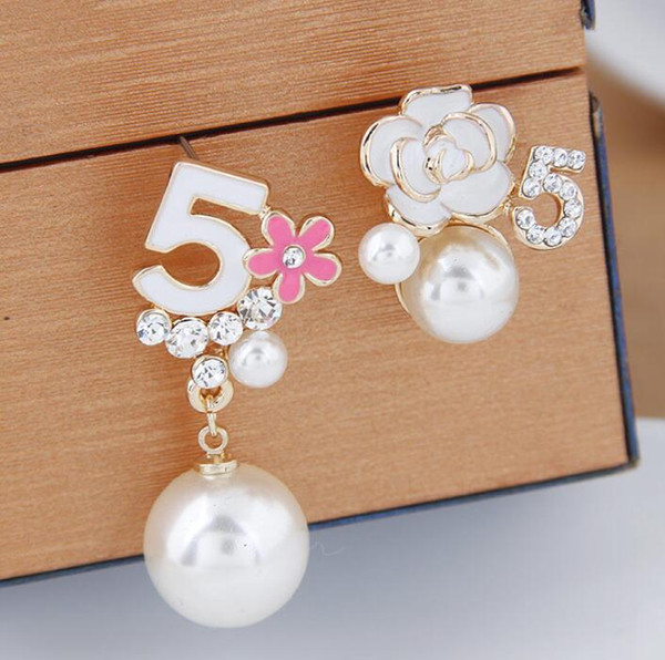 Number 5 Flower Pearl Stud Earrings Golden Rhinestone Earrings Women Girls Jewelry