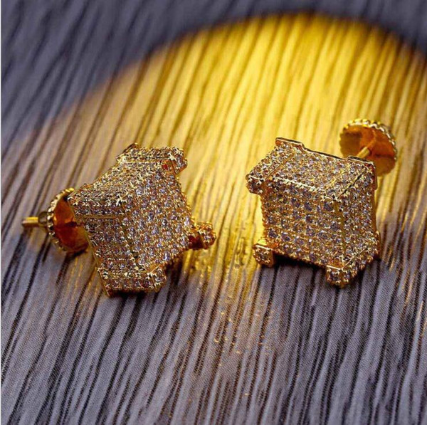 2019 Hip Hop New Custom Iced Out Gold Color Micro Paved Zircon Square Stud Earring with Screw Back Bling Jewelry for Women & Male