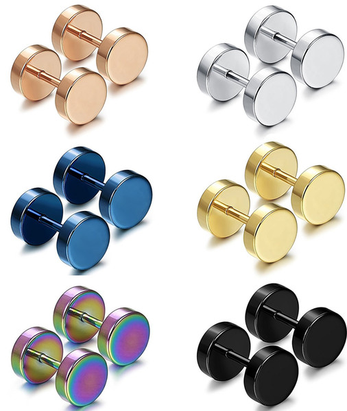 Punk Double Sided Round Titanium Steel Earrings Men Women Blue Gold-color Fake Ear Plugs Gothic Barbell Stud Earring