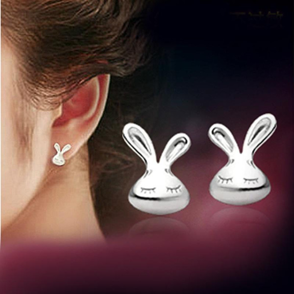 NEW Luxury Romantic S925 Stick Exaggerated Silver earrings white K Squinting eyes and Long ears rabbits earrings for female