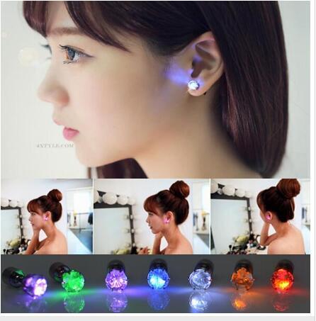 Novelty LED Flashing Light Stainless Steel Rhinestone Ear Stud Earrings Fashion Jewelry rave toys gift 9 Colors LED Earrings for Christmas