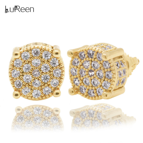 LuReen Gold Silver Cubic Zircon Round Stud Earrings Men Hip Hop Iced Out CZ Earrings Micro Pave Screwback Earring Jewelry