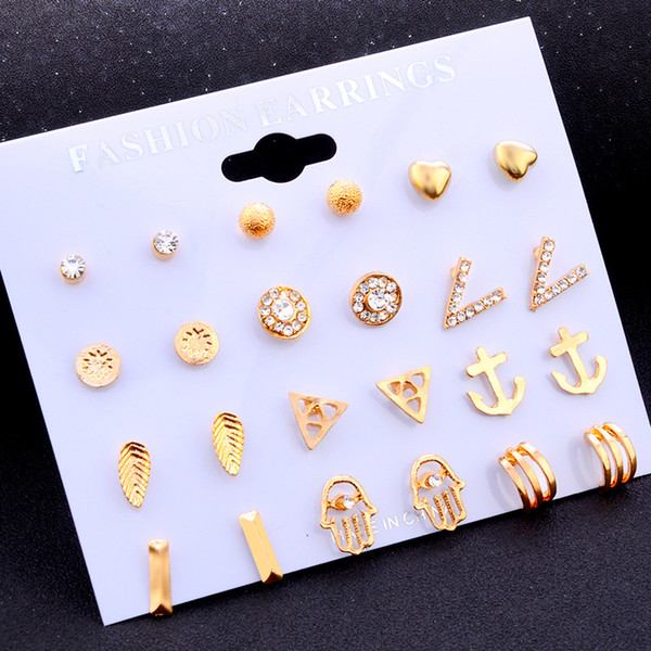 Luxury Romantic style Silver and gold Stick love v letter leaves crystal diamond drill ball 12 pairs /sets earrings package combination