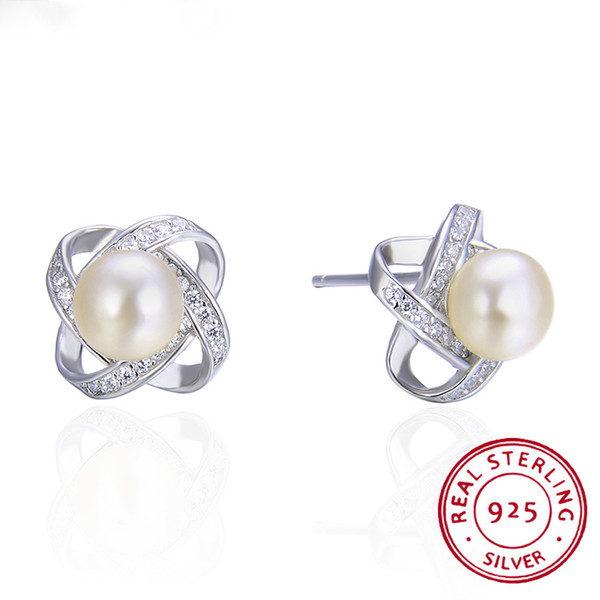 925 Sterling Silver Earrings Zircon Fresh Water Pearl Earrings Twist Luxury Stud Earrings For Women