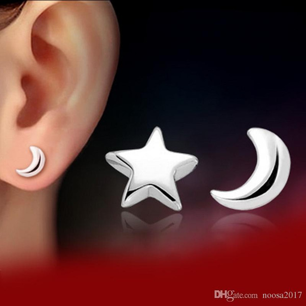 NEW Luxury Romantic S925 Stick Exaggerated Silver earrings white K Asymmetric Star + moon earrings for female free shipping