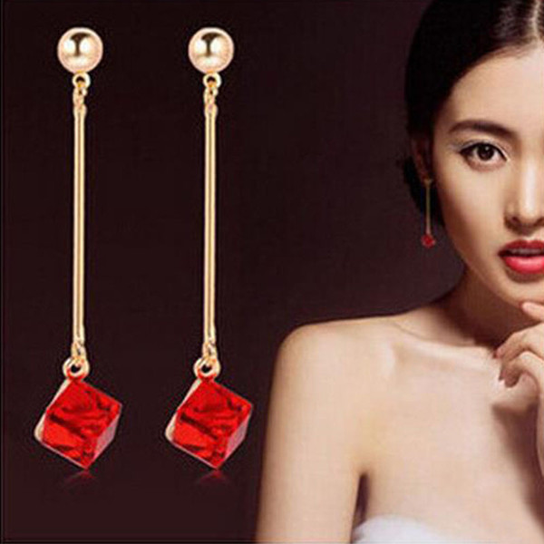 New Fashion Earrings Gold Alloy Solid Square Crystal Drop Earrings Colorful Rhinestone Long Stick Earrings for Women