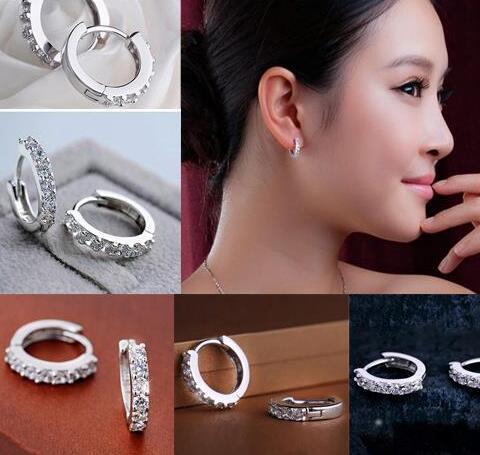 Women Fashion Jewelry White Topaz Rhinestone Crystal Silver Plated Stud Earrings