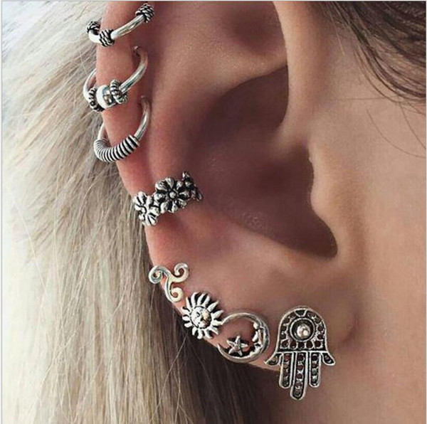 Fashion Hot Selling Bohemian Retro Sun and Moon Earrings in Europe and America Earrings eight-piece suit earrings with studs