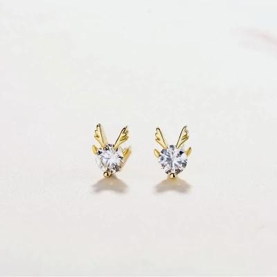 Custom 925 pure silver elk, zircon four leaf clover lucky little Flower Stud Earrings