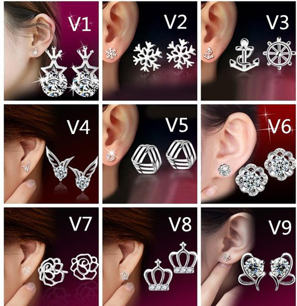 NEW 9 styles Romantic S925 Stick Silver with Diamonds Pentagram crown snowflake anti allergy Asymmetric earrings for female