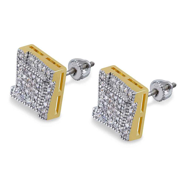 Hip Hop Tow Tone Earring Iced Out Micro Paved CZ Stone Silver 925 Square Stud Earrings With Screw Back Earring for Women