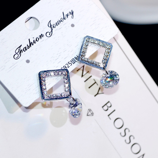 New Authentic White Crystal Anti-allergic silver Earring Fashion Geometric Shape Zircon Jewelry Drop Earring for Women