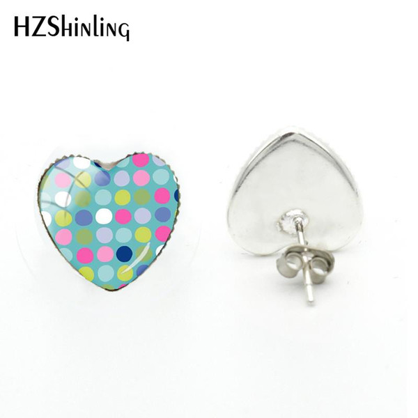 HER-0013 2018 New Colourful Dots Heart Earring Black White Polka Dot Earrings Silver Handmade Jewelry Glass Cabochon Ear Studs Women