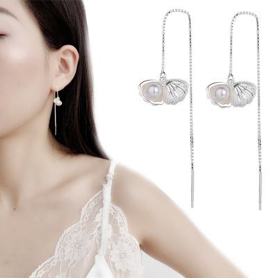 Sweet Shell Ear Line Long Artificial Pearl Silver Tassel Earrings Earrings Wild Temperament Simple Fresh Female Jewelry