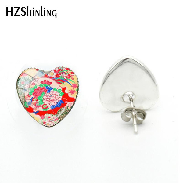 HER-0013 2018 New Cherry Blossoms Heart Earring Art Photo Glass Dome Stud Earrings Silve Hand Craft Jewelry Ear Studs For Women