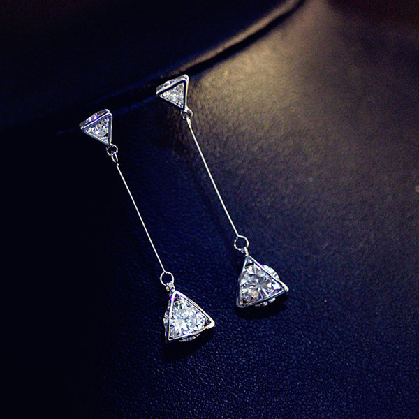 Female Fashion Accessories Long Ttriangle Zircon Drop Earrings Anti-Allergy Silver Needle Jewelry Drop Earrings For Women