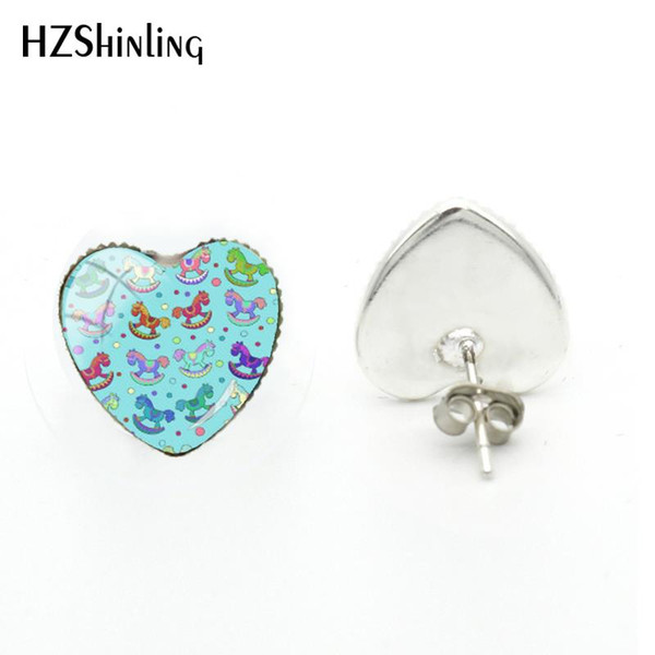 HER-0013 2018 New Fairy Unicorn Heart Earring Rainbow Unicorns Stud Earrings Hand Craft Jewelry Glass Dome Photo Ear Studs For Women